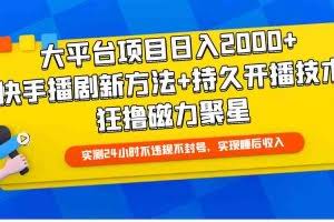 (9947期)大平台项目日入2000+,快手播剧新方法+持久开播技术,狂撸磁力聚星